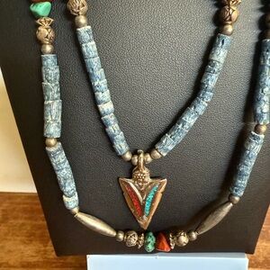 Vintage inlay Silver Tone Arrowhead Lapis Coral Turquoise double strand Necklace